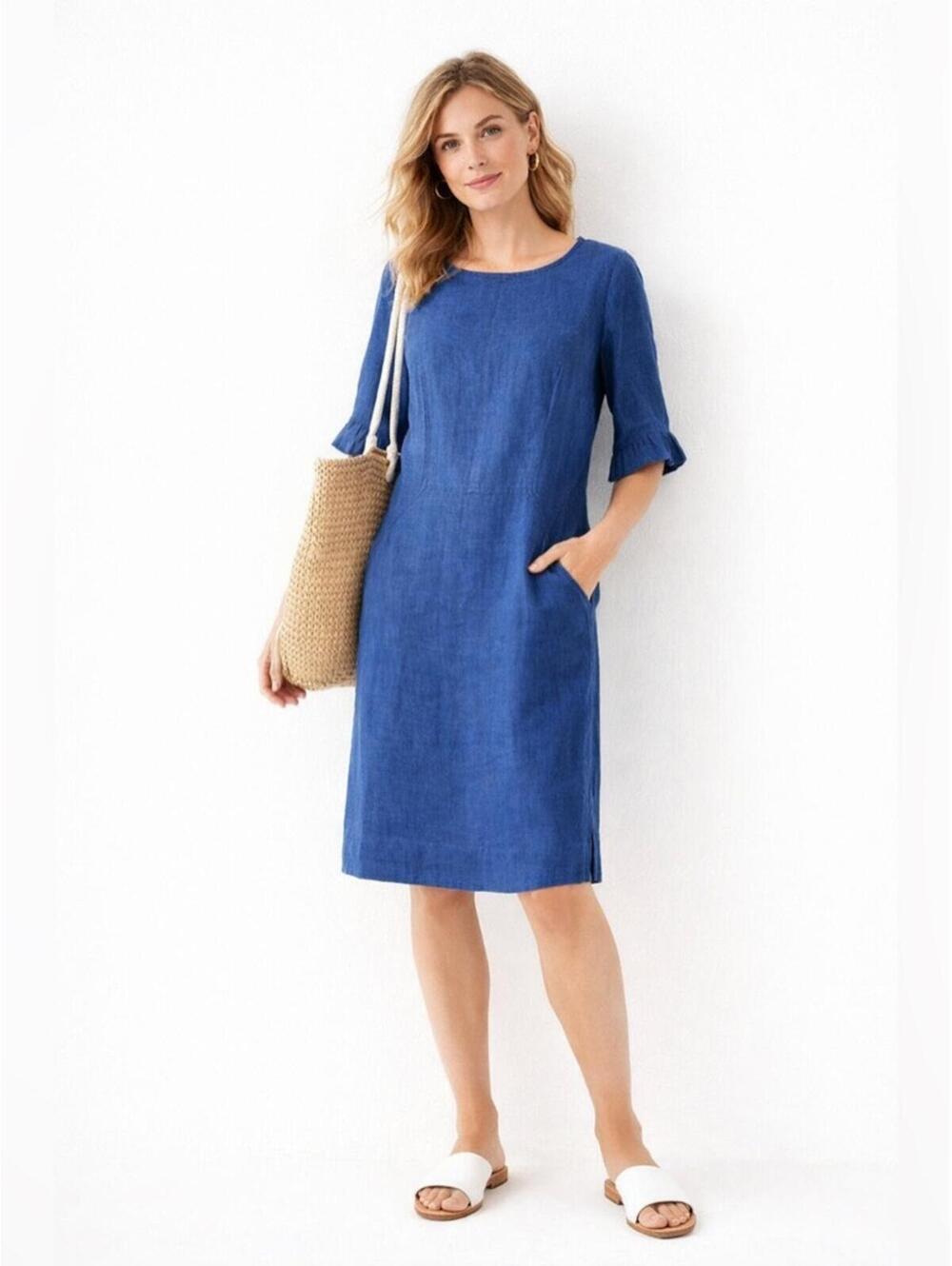 Boden 100% Linen Blue Shift Dress Pockets Coastal Chic Preppy Luxury Size 4